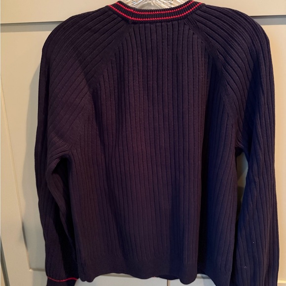 NWT Talbots Navy V-Neck Cardigan w Red Trim and Faux Pearl Accents SZ L - Picture 7 of 13